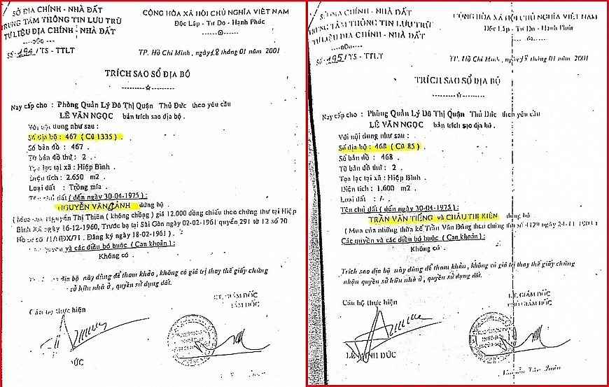 . Văn bản: 194/TS-TTLT và 195/TS-TTLT kí ngày 18/1/2001, chứng minh lô 467 nói trên và lô 468 (có 295m2 đất ông Ngọc nhận chuyển nhượng ngày 11/11/1995) là hai lô khác nhau, liền ranh.