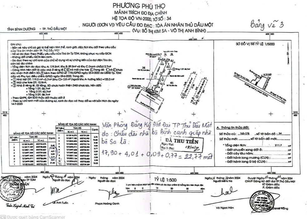 Mảnh trích đo địa chính thì chiều dài nhà bà Bình giáp bà Sa là 22,77m. 3.Bản đo đạc do Công ty tư vấn kiểm định xây dựng Bình Dương thì chiều dài nhà bà Bình giáp bà Sa là 22,15m.