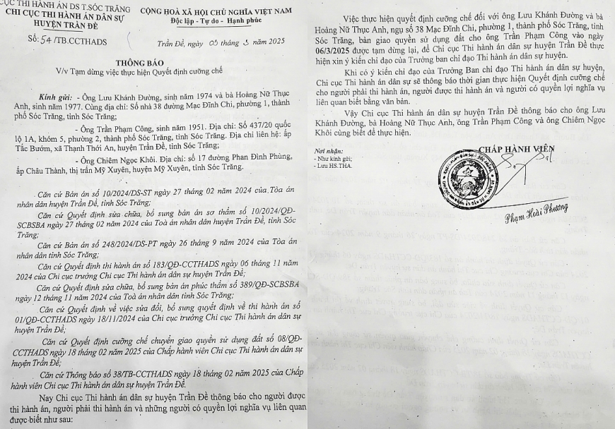 Thông báo tạm dừng cưỡng chế của Chi cục THADS huyện Trần Đề.