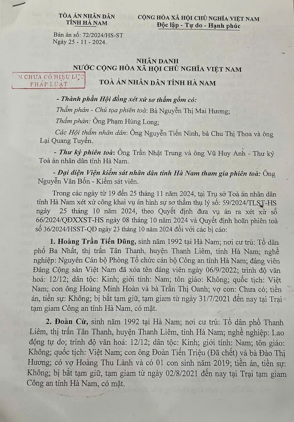 Bản án sơ thẩm số 72/2024/HS-ST ngày 15/11/2024 của TAND tỉnh Hà Nam. 