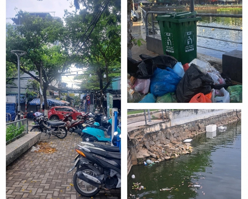 Rác, xe chiếm cả lối đi và rác trên mặt nước lòng hồ.