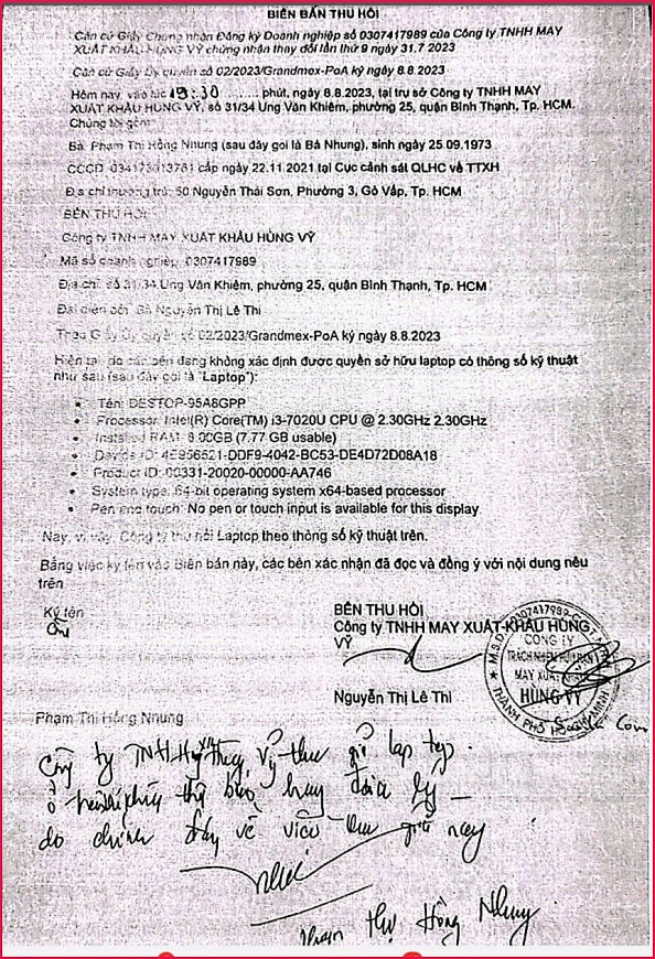 “Biên bản thu hồi” ngày 8/8/2023 tại trụ sở Công ty