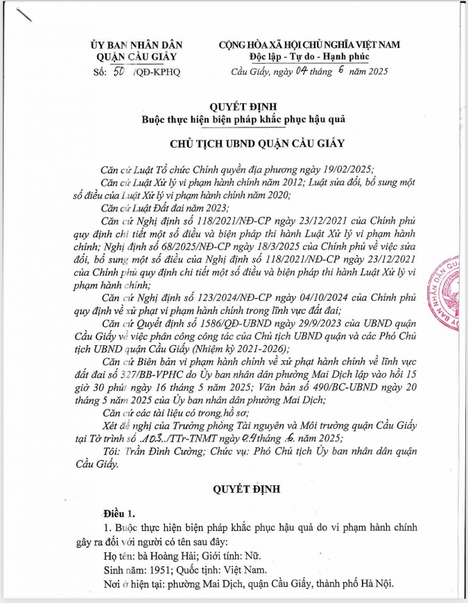 Quyết định số: 50/QĐ-KPHQ ngày 4/6/2025 của UBND quận Cầu Giấy Buộc thực hiện biện pháp khắc phục hậu quả đối với hộ bà Hoàng Hải.
