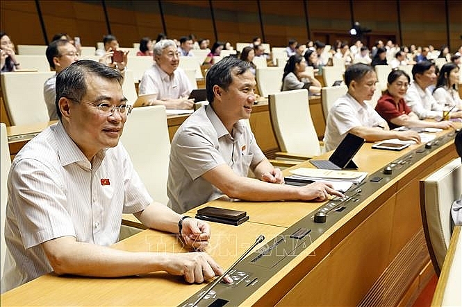 Đoàn đại biểu Quốc hội tỉnh Hà Tĩnh biểu quyết thông qua Nghị quyết của Quốc hội về việc sắp xếp đơn vị hành chính cấp tỉnh năm 2025. Ảnh: Doãn Tấn/TTXVN