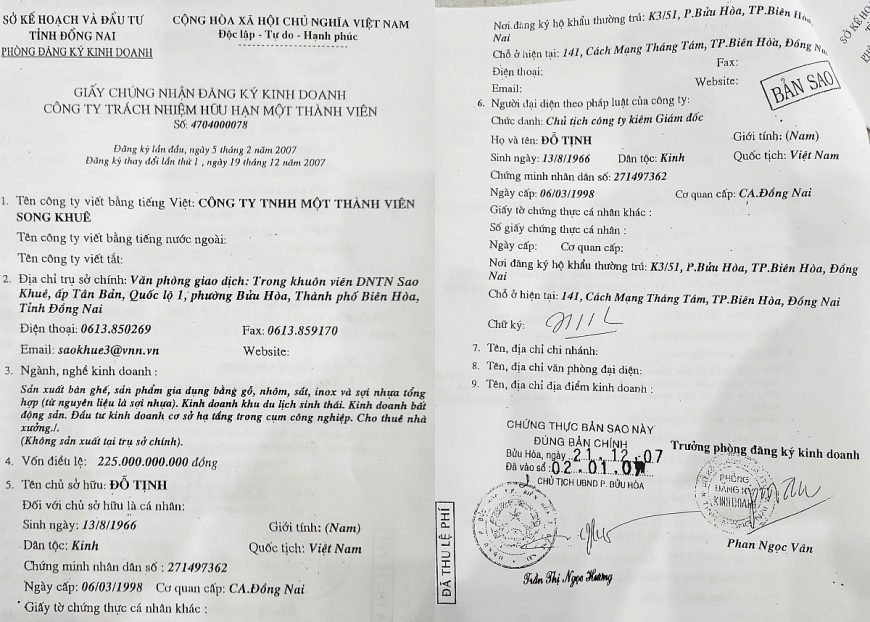 Giấy đăng kí kinh doanh của Công ty TNHH MTV Song Khuê, tiền thân của Công ty TNHH Cường Hưng do ông Đỗ Tịnh làm chủ sở hữu. 2. Thông báo thụ lí vụ án của TAND tỉnh Đồng Nai.
