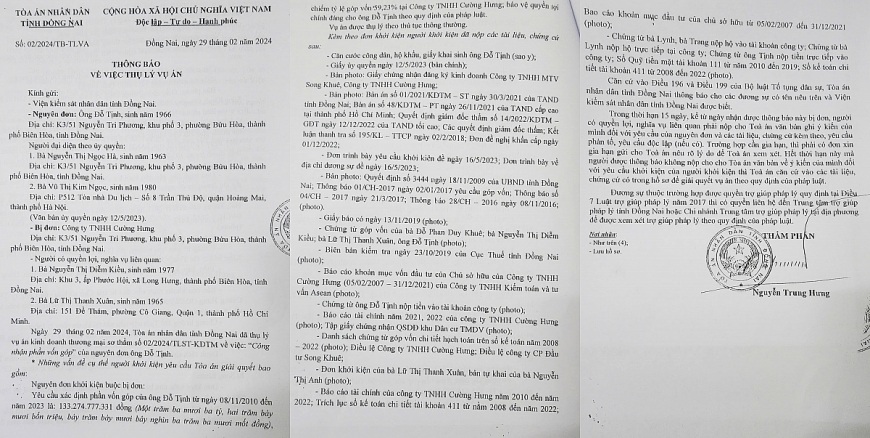 hông báo thụ lí vụ án của TAND tỉnh Đồng Nai.