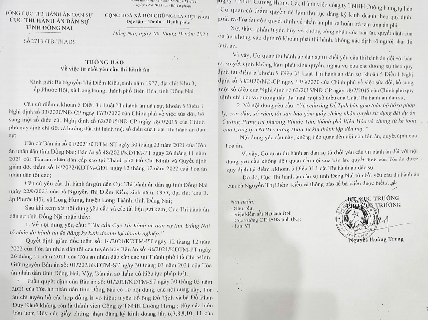 2.	Thông báo số: 2713/TB-THADS ngày 6/10/2023 của Cục Thi hành án dân sự tỉnh Đồng Nai.