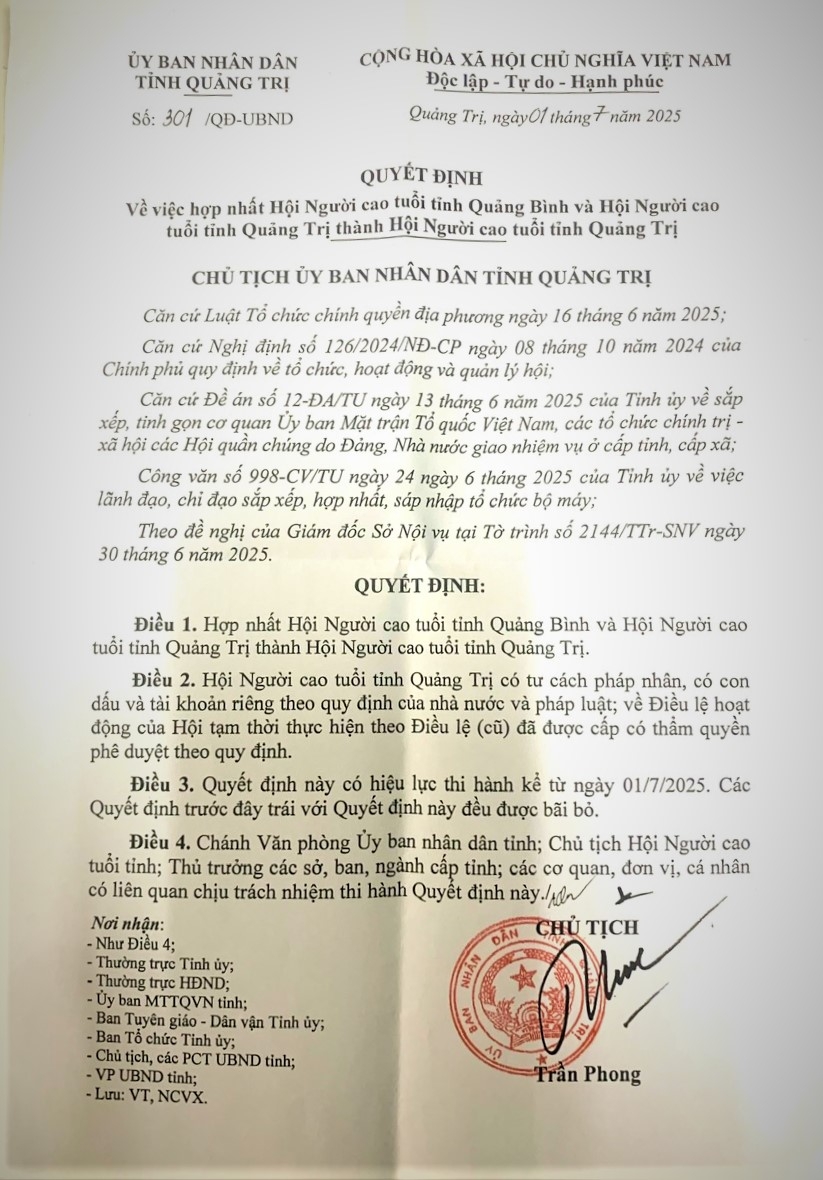 Hợp nhất Hội NCT tỉnh Quảng Bình và Hội NCT tỉnh Quảng Trị