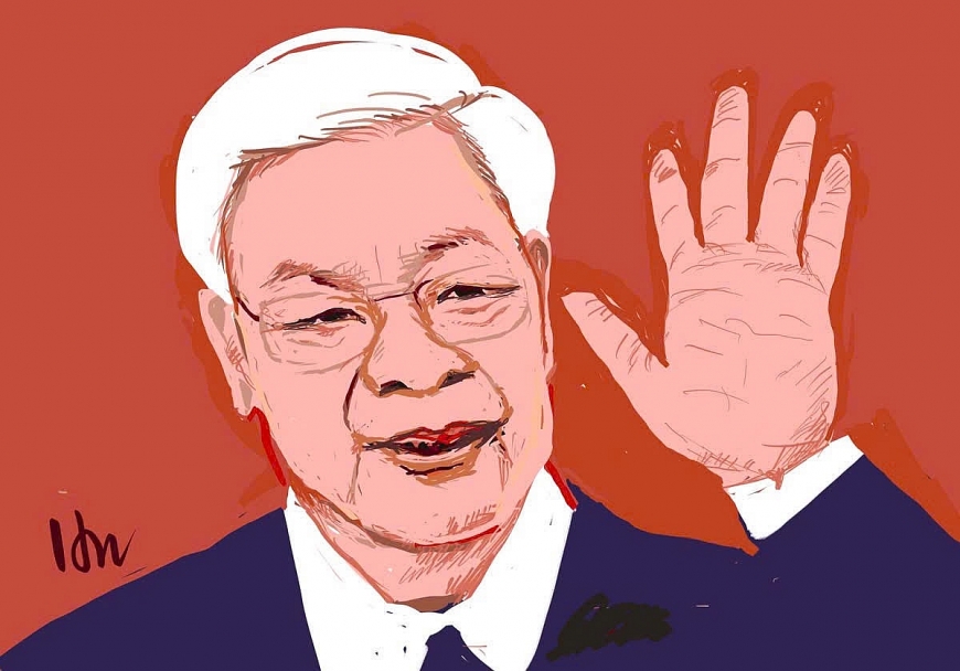 Bức tranh nhà báo Huỳnh Dũng Nhân vẽ cố Tổng Bí thư Nguyễn Phú Trọng. Ảnh: NVCC