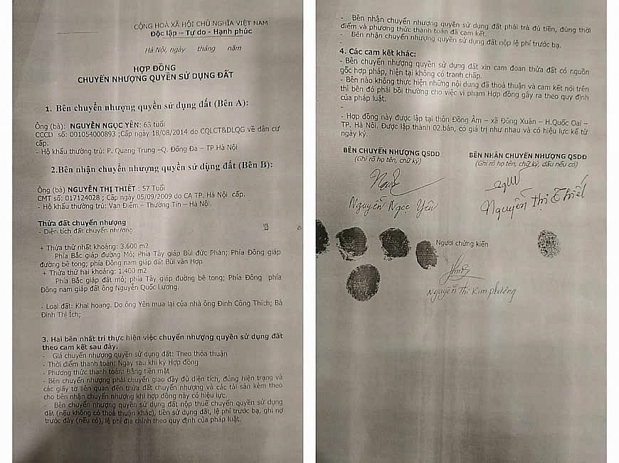 Hợp đồng chuyển nhượng quyền sử dụng đất giữa ông Yên và bà Thiết. 