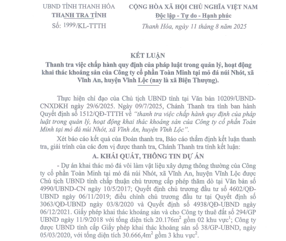 Loạt vi phạm của Công ty CP Toàn Minh tại mỏ đá núi Nhót