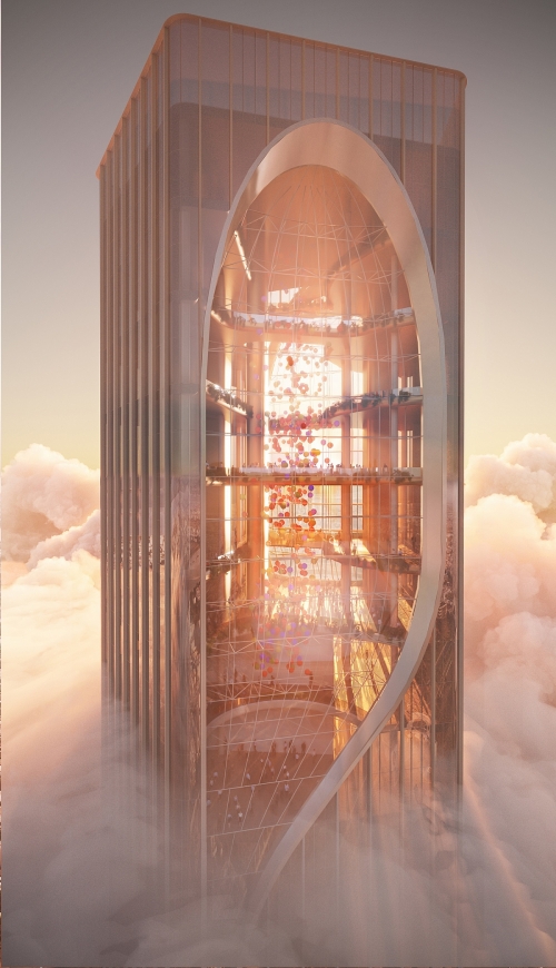 Cận cảnh kiến trúc đặc biệt phần đỉnh tháp phản chiếu ánh sáng mặt trời, tượng trưng cho sự phát triển rực rỡ của Đà Nẵng trong kỷ nguyên vươn mình