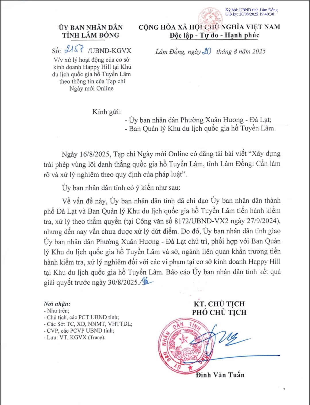 UBND tỉnh Lâm Đồng chỉ đạo xử lý nghiêm vi phạm