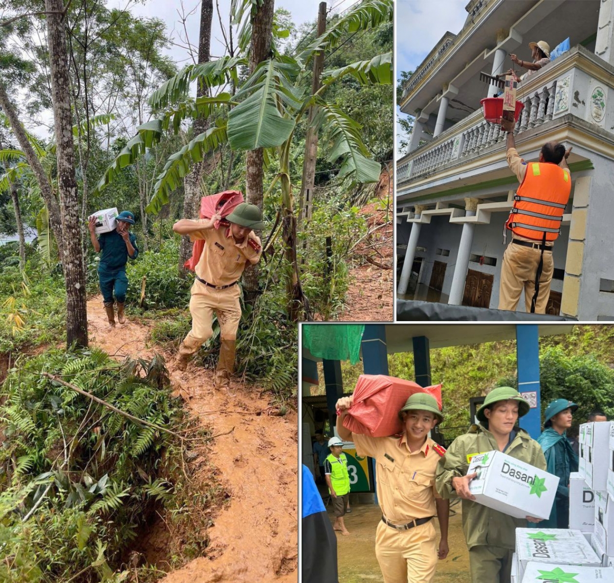 Lực lượng Cảnh sát giao thông vận chuyển hàng cứu trợ đến với người dân vùng bão lũ