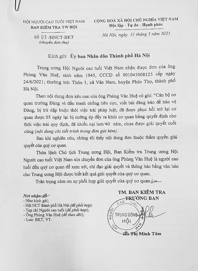 Văn bản số 03/HNCT-BKT ngày 31/3/2025, Ban Kiểm tra Trung ương Hội NCT Việt Nam.