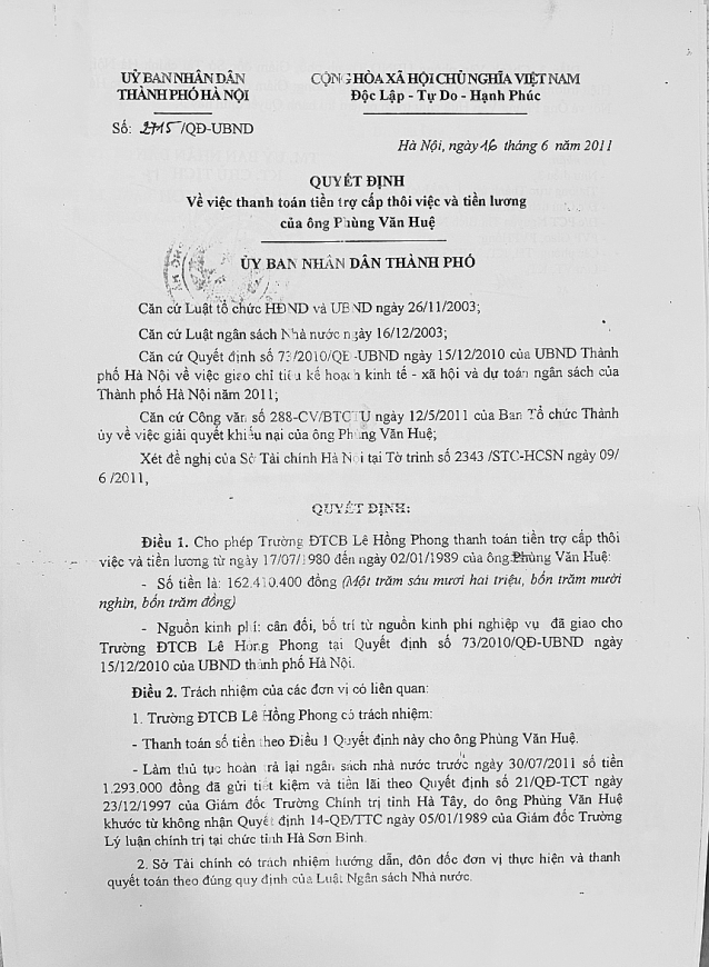 Quyết định số 2715/QĐ ngày 16/6/2011 của UBND TP Hà Nội về thanh toán tiền trợ cấp thôi việc và tiền lương của ông Huệ. Văn bản số 03/HNCT-BKT ngày 31/3/2025, Ban Kiểm tra Trung ương Hội NCT Việt Nam.