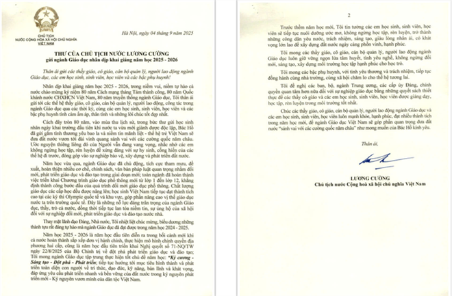 Chủ tịch nước Lương Cường gửi Thư tới ngành Giáo dục nhân dịp khai giảng năm học 2025-2026