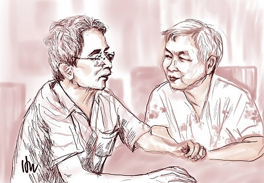 Nhà văn Nguyễn Mạnh Tuấn và nhà báo Hà Phương. 	 	Tranh: Huỳnh Dũng Nhân.