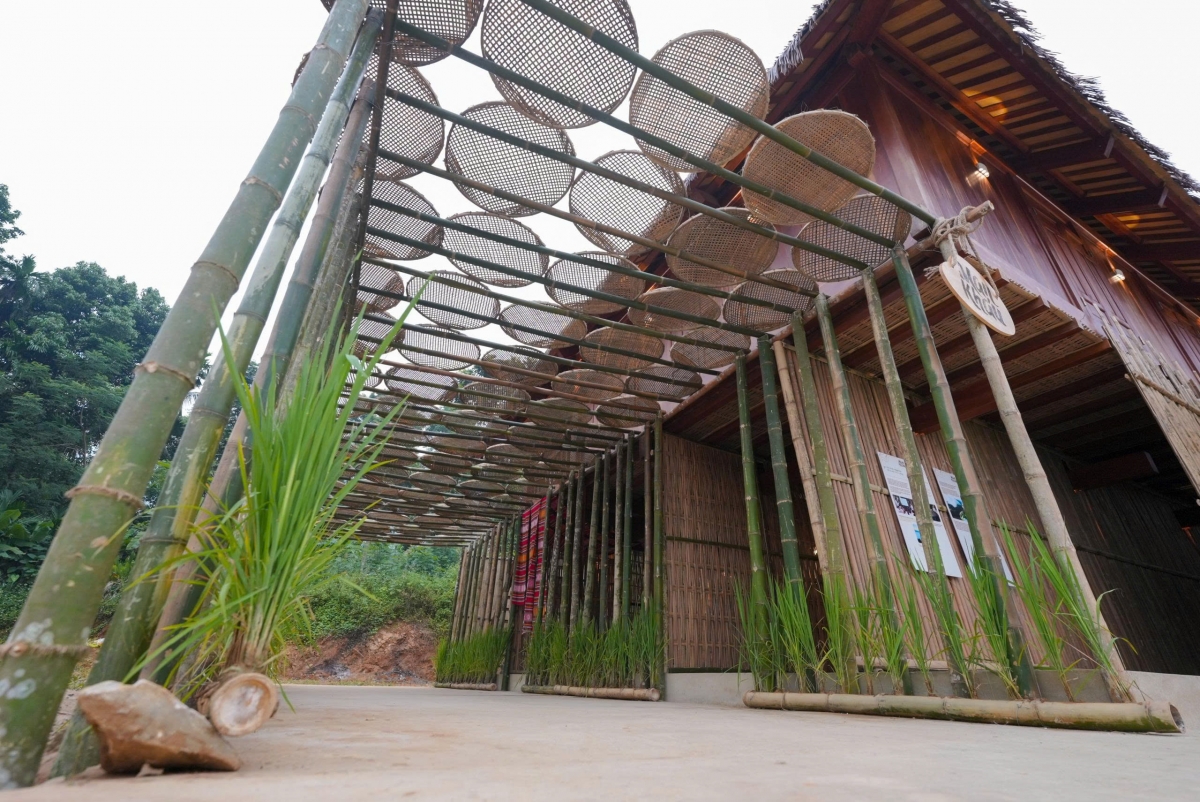 Lối vào triển lãm cộng đồng “Man Kháu – Rice Up” được dựng hoàn toàn từ tre, nia và những bó lúa xanh, tái hiện không gian văn hóa lúa nước đặc trưng của người Thái ở Pù Luông.