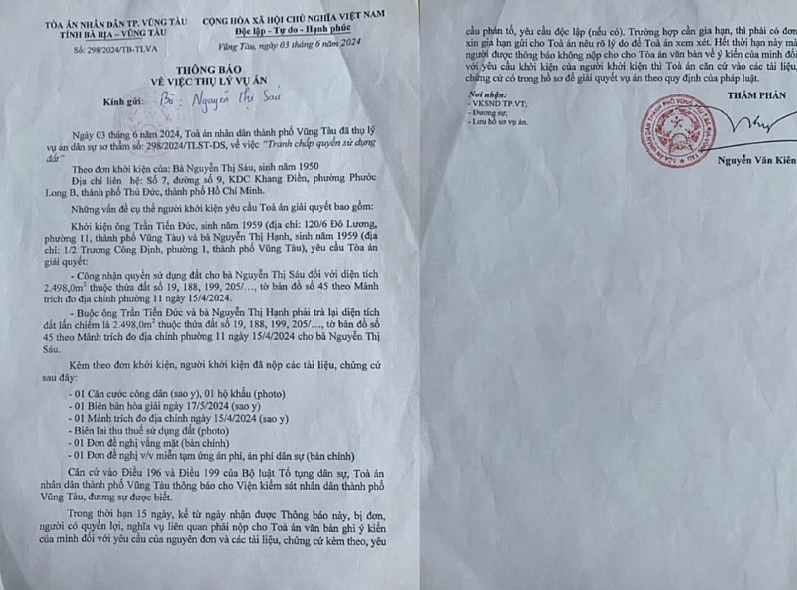 Thông báo thụ lí về thụ lí Vụ án Tranh chấp quyền sử dụng đất của TAND TP Vũng Tàu (cũ).