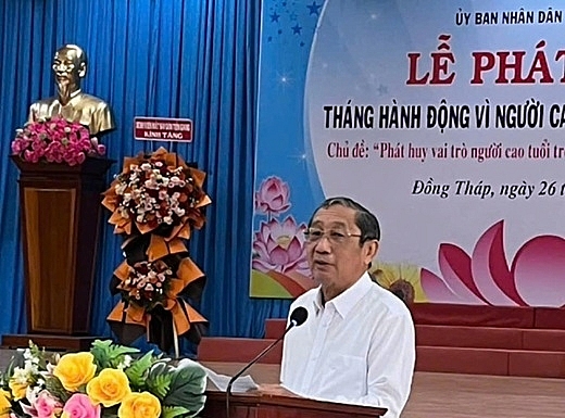Ông Nguyễn Ngọc Minh, Chủ tịch Hội Người cao tuổi tỉnh Đồng Tháp phát biểu tại lễ phát động