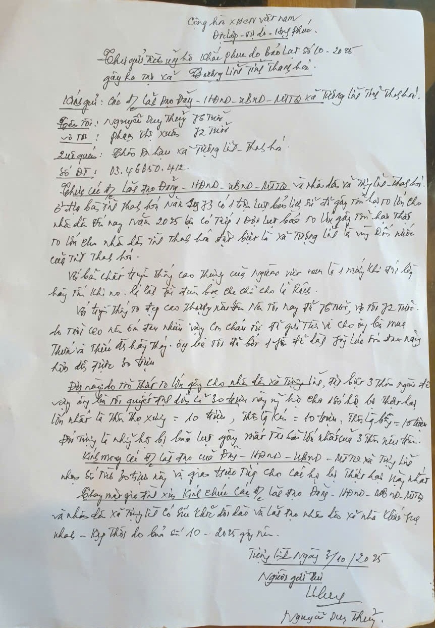 Bức thư gửi các cấp chính quyền gia đình ông Thủy góp 30 triệu đồng ủng hộ bà con bị bão lụt