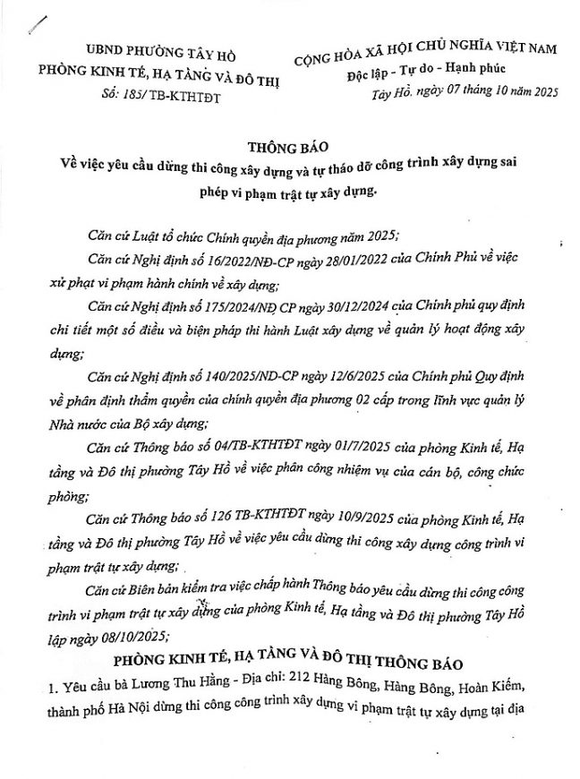 Thông báo số: 185/TB-KTHTĐT ngày 7/10/2025 của Phòng Kinh tế, Hạ tầng và Đô thị phường Tây Hồ về việc yêu cầu gia đình bà Lương Thu Hằng dừng thi công xây dựng và tự tháo dỡ công trình xây dựng sai phép.