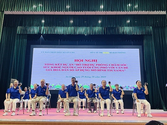 CLB người cao tuổi ở An Lão biểu diễn bài tập chống ngã theo mô hình Tsuyama.