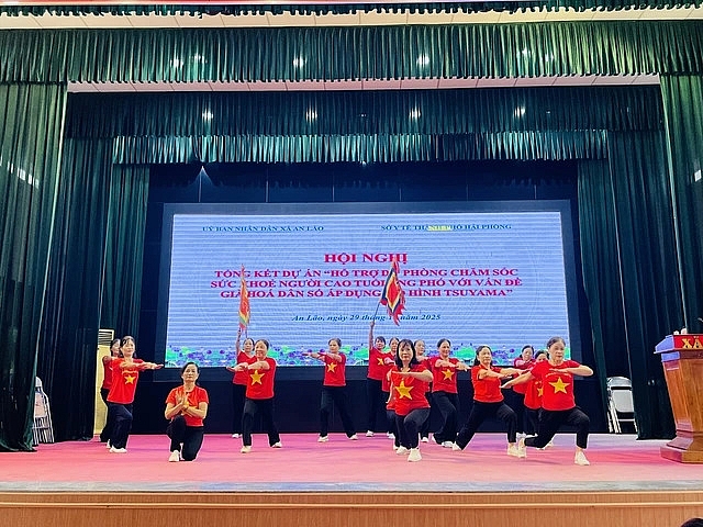 Người cao tuổi xã An Lão biểu diễn văn nghệ tại hội nghị.