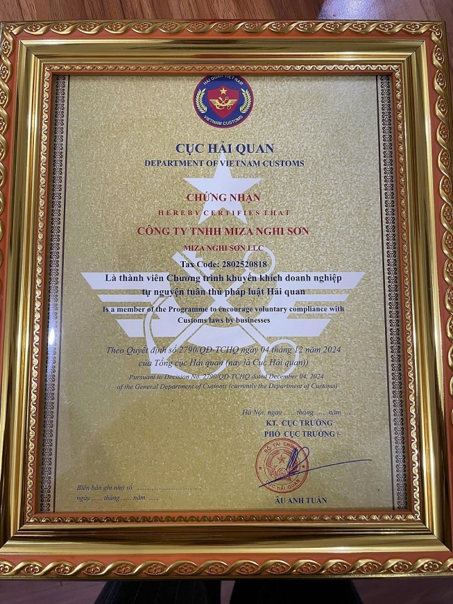 Khẳng định uy tín, MIZA Group được công nhận là doanh nghiệp tuân thủ pháp luật hải quan