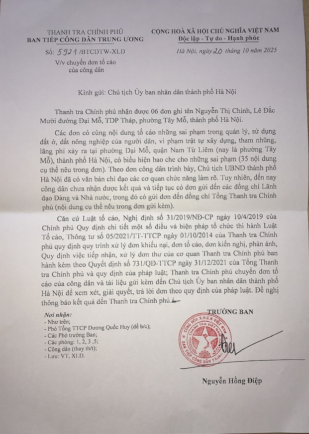 Thanh tra Chính phủ chuyển đơn tố cáo đến Chủ tịch UBND TP Hà Nội để xem xét giải quyết