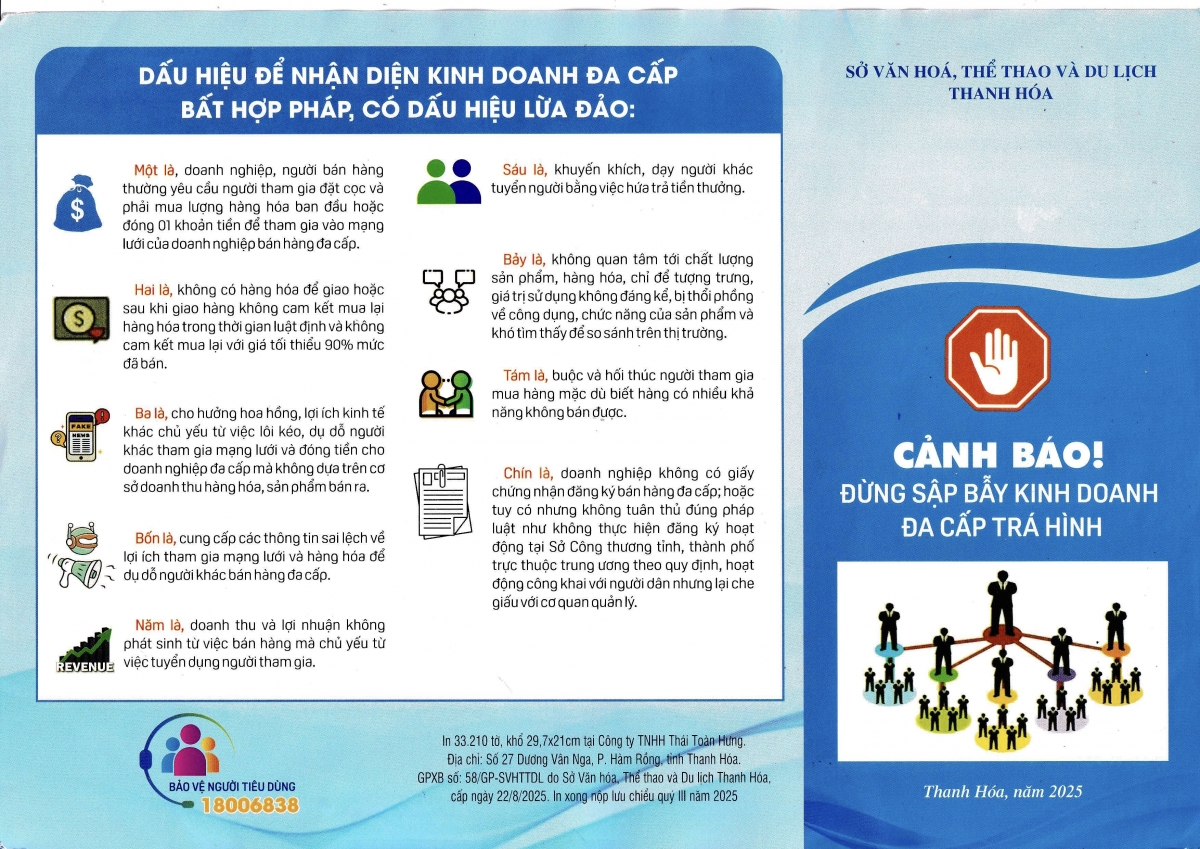 Sở Văn hóa, Thể thao và Du lịch Thanh Hóa phát hành tờ rơi để tuyên truyền, cảnh báo người dân về các dấu hiệu nhận biết kinh doanh đa cấp bất chính