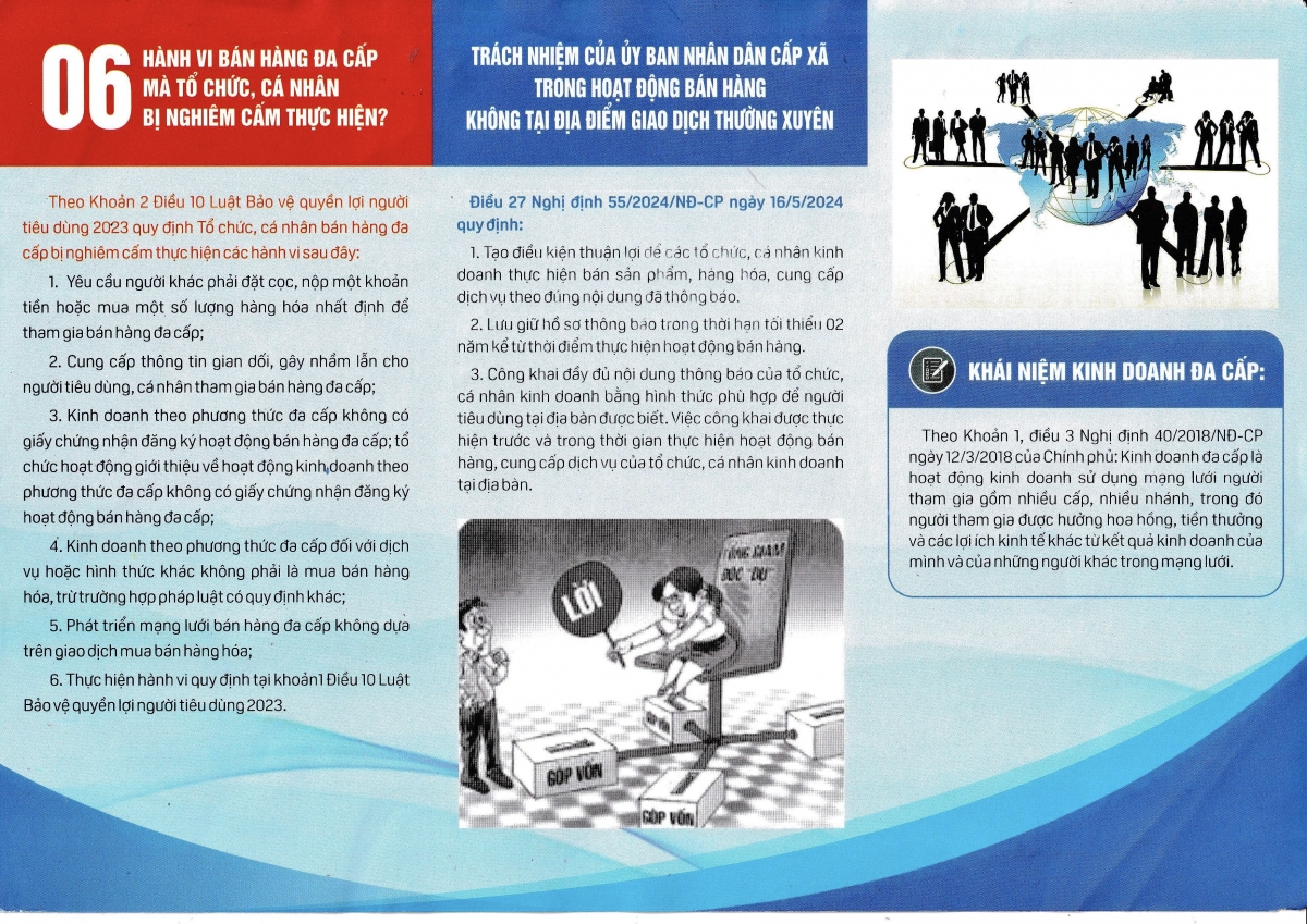 Trong tờ rơi, nhiều kiến thức pháp luật về kinh doanh đa cấp đã được nêu rõ để trang bị kiến thức cho người dân