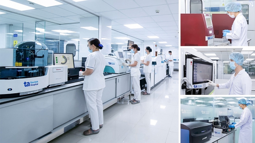 Trung tâm Xét nghiệm, Bệnh viện Đa khoa Tâm Anh trang bị hệ thống máy tự động cho các xét nghiệm sinh hóa - miễn dịch, huyết học, vi sinh, sinh học phân tử cơ bản và chuyên sâu, hiện đại chẩn đoán toàn diện nhiều lĩnh vực tiêu hóa, gan mật tụy, ung thư, tim mạch, thần kinh, tiết niệu, thận học, nội tiết, chuyển hóa, cơ xương khớp, các bệnh lý miễn dịch, da liễu, v.v. Ảnh: BVĐK Tâm Anh