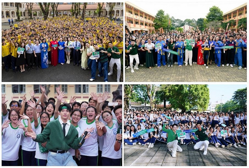 Không khí tập luyện đồng diễn võ nhạc Vovinam “nóng hơn hết” khi các nghệ sĩ xuất hiện trên sân trường