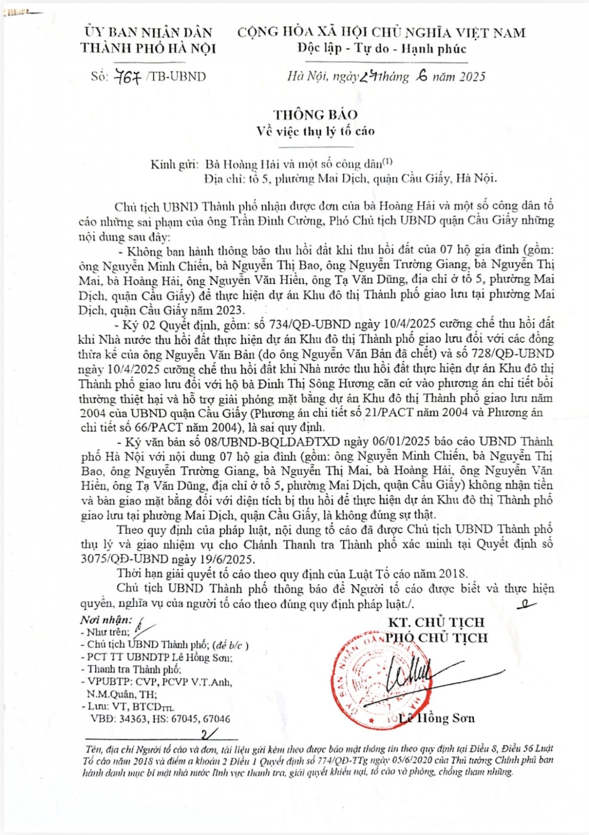Thông báo số 767/TB-UBND ngày 27/6/2025 của UBND TP Hà Nội về việc thụ lý tố cáo