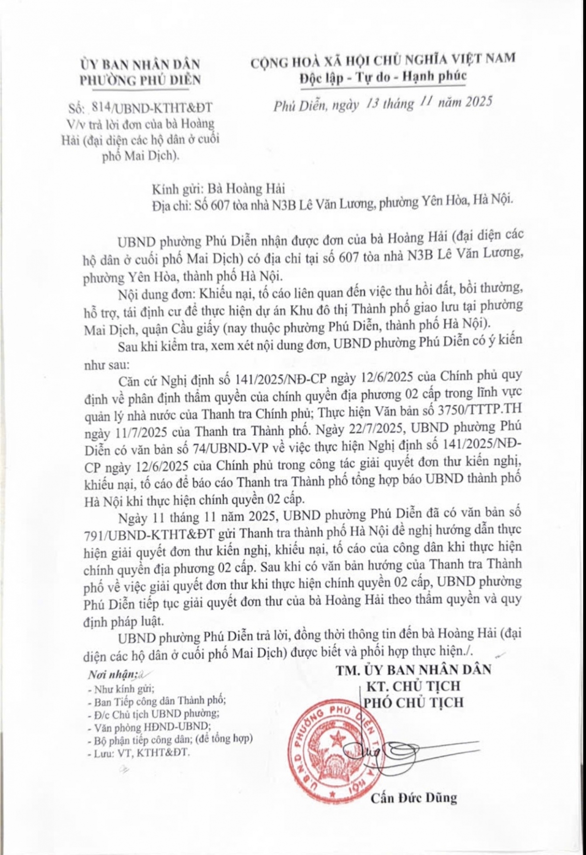 Văn bản số 791/UBND-KTHT&ĐT ngày 11/11/2025 của UBND phường Phú Diễn gửi Thanh tra TP Hà Nội.