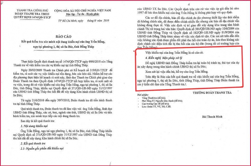 Báo cáo tháng 10/2010, của Đoàn thanh tra theo Quyết định số 1474/QĐ-TTCP của Thanh tra Chính phủ
