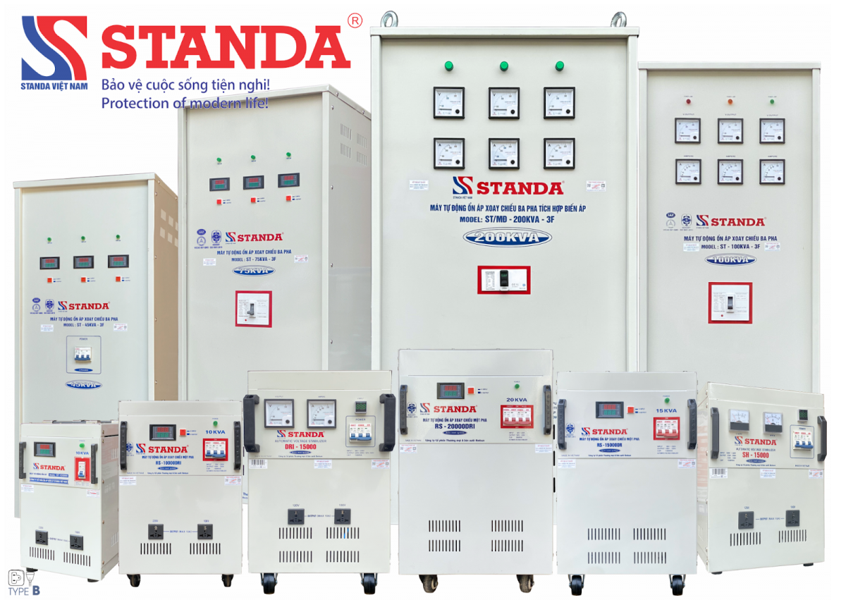Hình ảnh máy ổn áp và ổn áp tích hợp biến áp 1 pha và 3 pha STANDA cùng LOGO