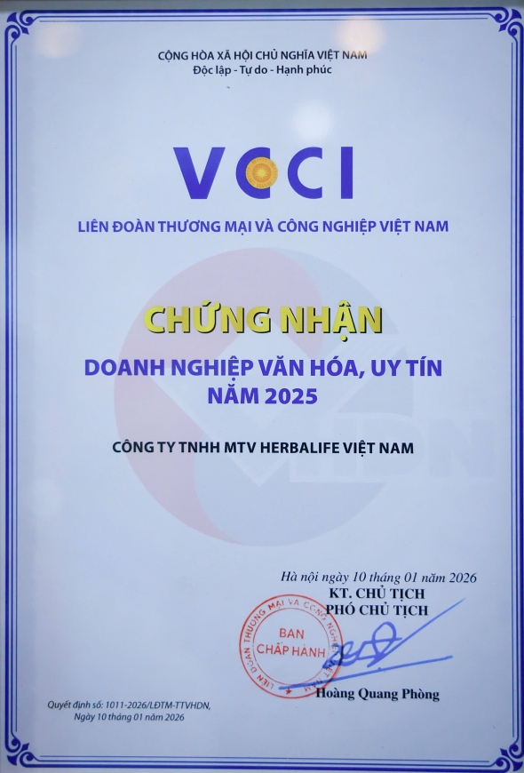 Herbalife Việt Nam được vinh danh “Doanh nghiệp văn hóa, uy tín” năm 2025 bởi Liên đoàn Thương mại và Công nghiệp Việt Nam