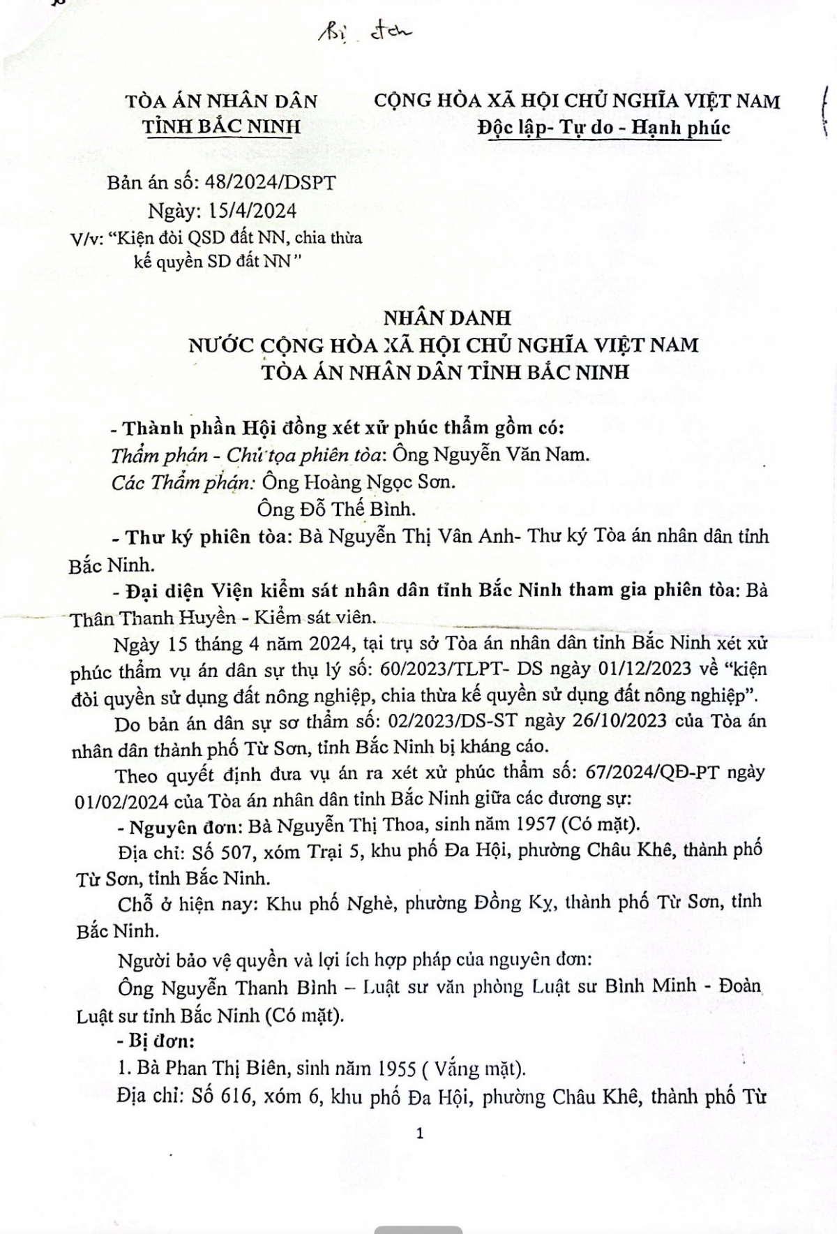 Bản án số: 48/2024/DSPT ngày 15/4/2024 của TAND tỉnh Bắc Ninh