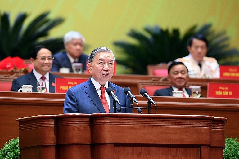 Đồng chí Tô Lâm, Tổng Bí thư Ban Chấp hành Đảng Cộng sản Việt Nam khóa XIV đọc Diễn văn bế mạc Đại hội đại biểu toàn quốc lần thứ XIV của Đảng.