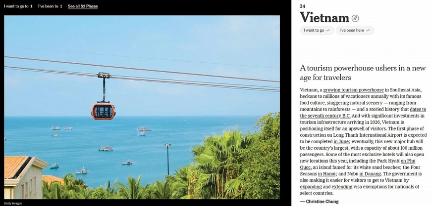 Cáp treo Hòn Thơm xuất hiện trên New York Times trong phần giới thiệu về điểm đến Việt Nam. Nguồn: New York Times