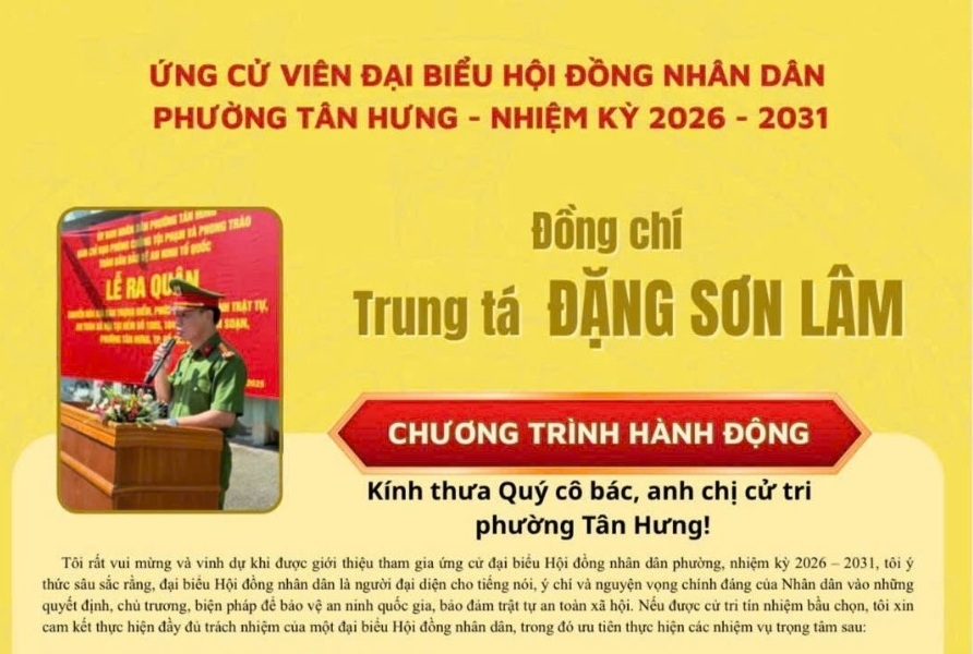 Ứng cử viên Đặng Sơn Lâm với cam kết hành động vì một Tân Hưng an toàn, văn minh, nghĩa tình