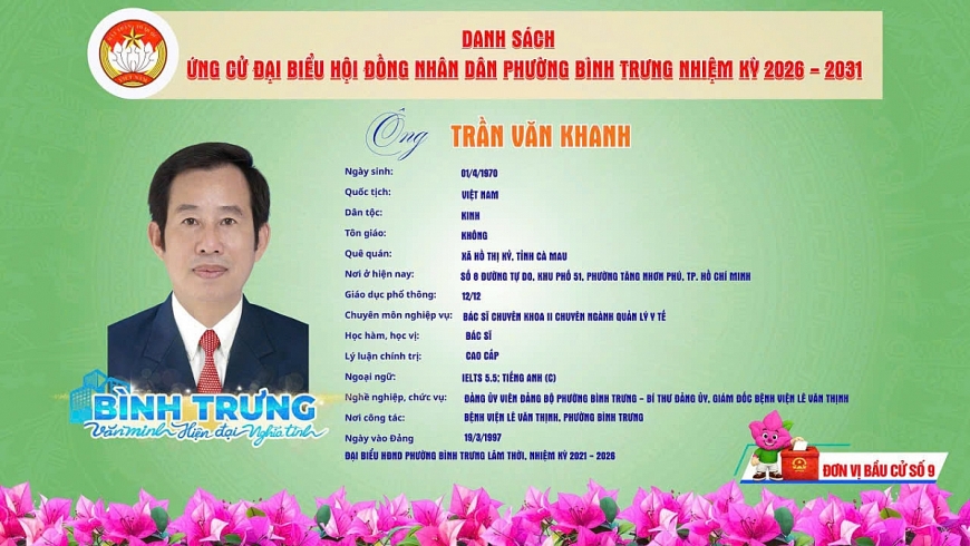 Ông Trần Văn Khanh, Thầy thuốc Ưu tú, Bác sĩ Chuyên khoa II, Bí thư Đảng bộ, Giám đốc Bệnh viện Lê Văn Thịnh, được giới thiệu ứng cử đại biểu Hội đồng nhân dân phường Bình Trưng, TP. Hồ Chí Minh nhiệm kỳ 2026 – 2031 tại đơn vị bầu cử số 9 (gồm các khu phố 42, 43, 44, 45, 46)