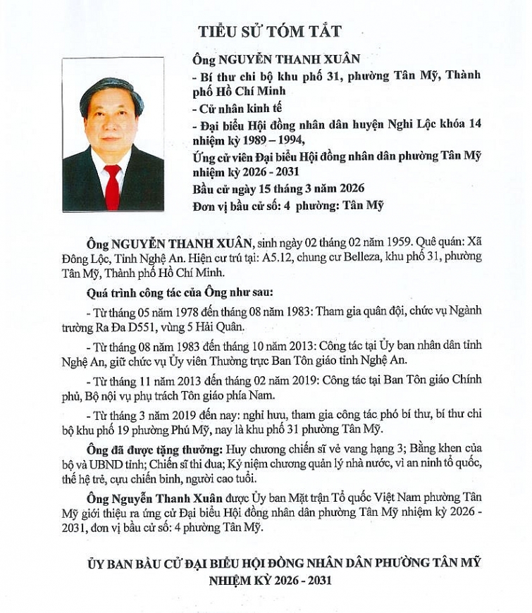 Ông Nguyễn Thanh Xuân – Bí thư Chi bộ khu phố 31, phường Tân Mỹ, TP. Hồ Chí Minh được Ủy ban Mặt trận Tổ quốc Việt Nam phường Tân Mỹ, TP. Hồ Chí Minh giới thiệu ứng cử đại biểu Hội đồng nhân dân phường nhiệm kỳ 2026 – 2031, đơn vị bầu cử số 4