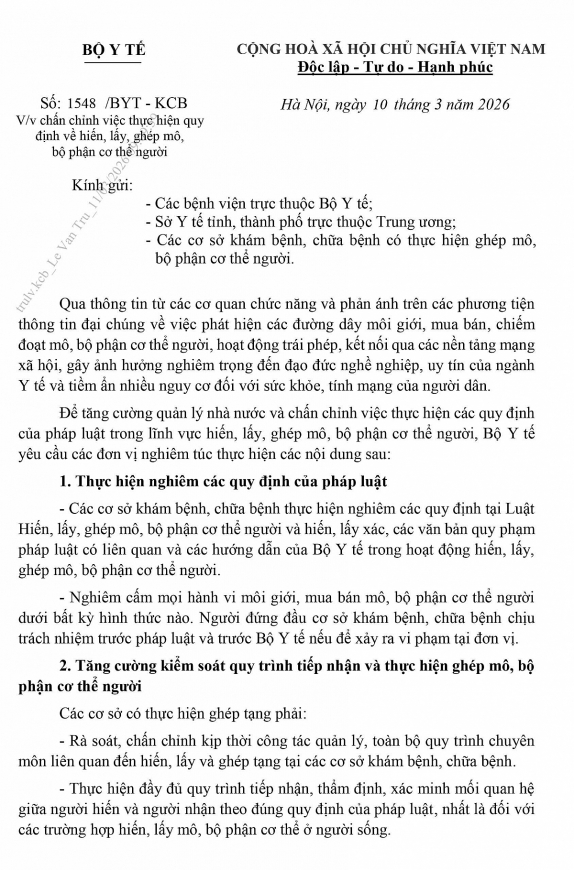 Bộ Y tế chấn chỉnh hoạt động hiến, lấy, ghép mô và bộ phận cơ thể người
