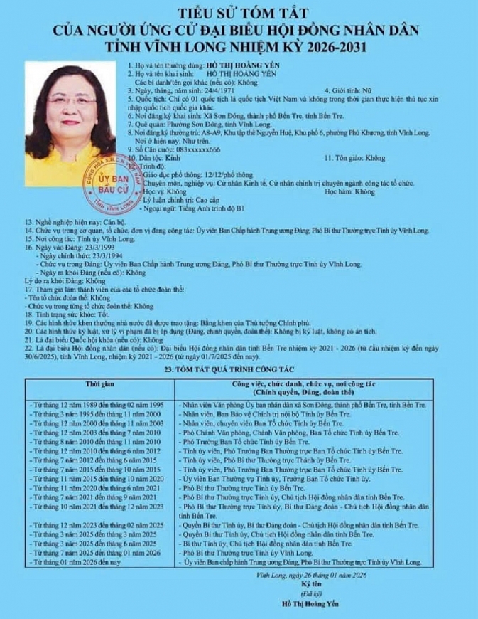 Bà Hồ Thị Hoàng Yến, Ủy viên Ban Chấp hành Trung ương Đảng, Phó Bí thư Thường trực Tỉnh ủy Vĩnh Long