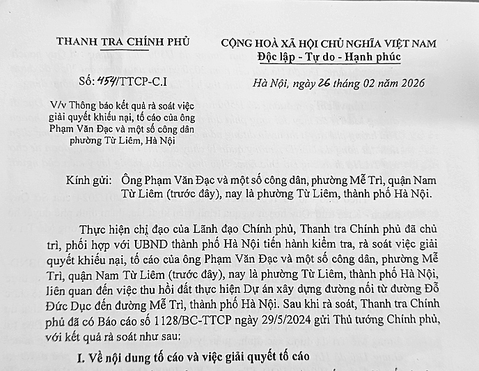 Thông báo số: 454/TTCP-C.I ngày 26/2/2026 của Thanh tra Chính phủ.