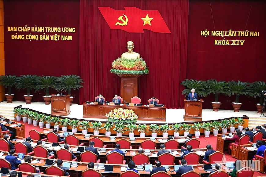 Hội nghị lần thứ 2 Ban Chấp hành Trung ương Đảng khóa XIV. Ảnh QĐND